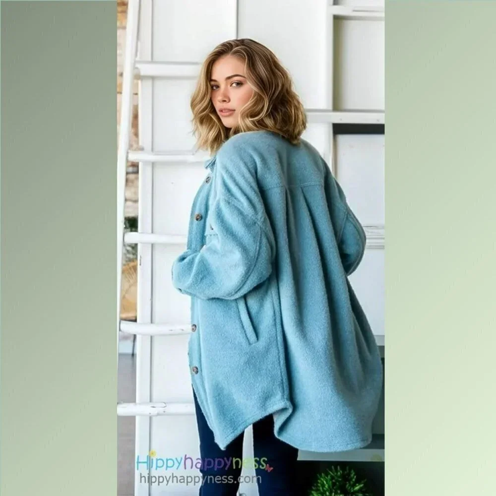 New Oli & Hali Shacket Shirt Jacket Oversized Plush Dusty Blue NWT - Picture 4 of 7